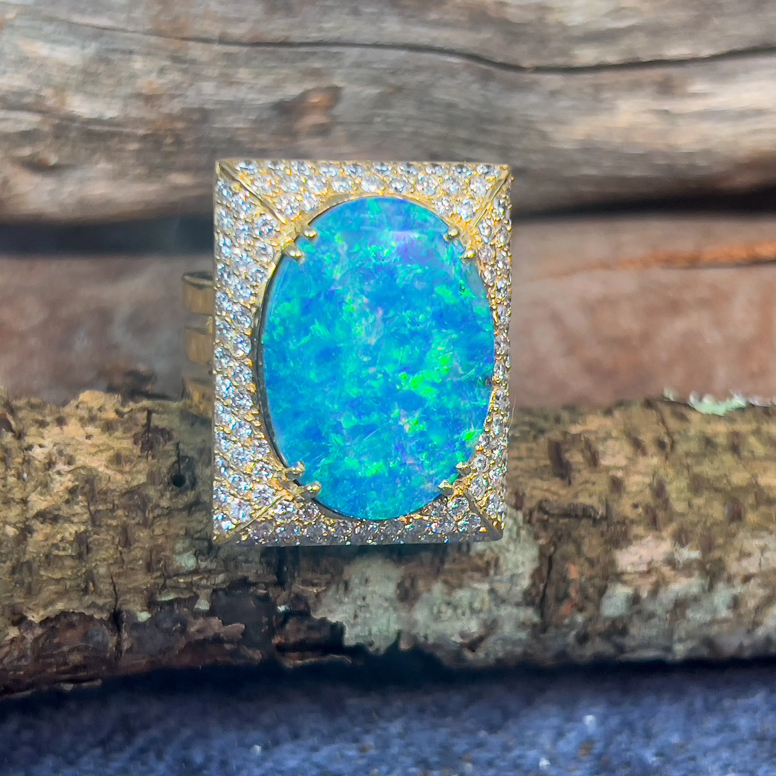 18kt Yellow Gold Boulder Opal 18.13ct and 2.13ct Diamond designer cluster ring