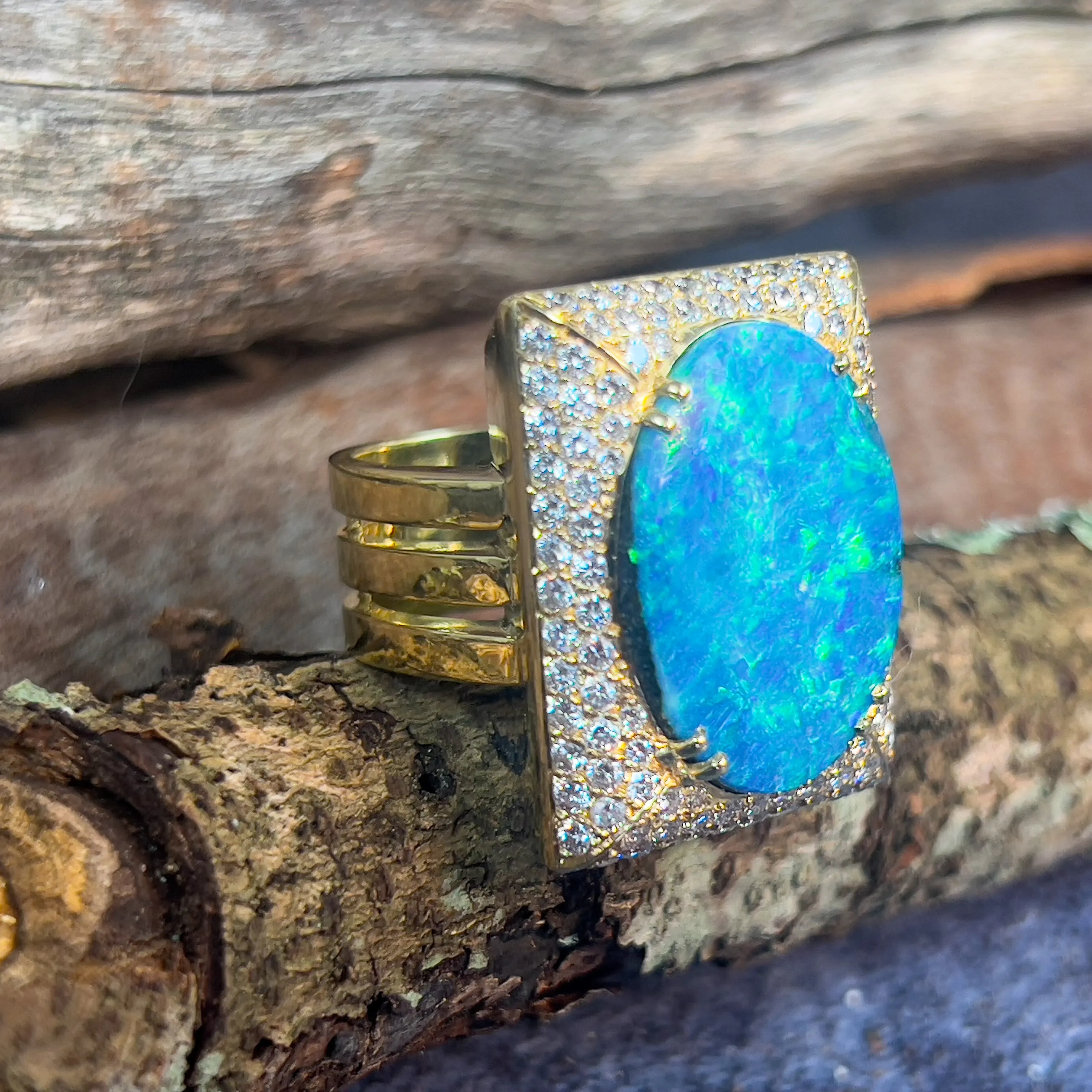 18kt Yellow Gold Boulder Opal 18.13ct and 2.13ct Diamond designer cluster ring