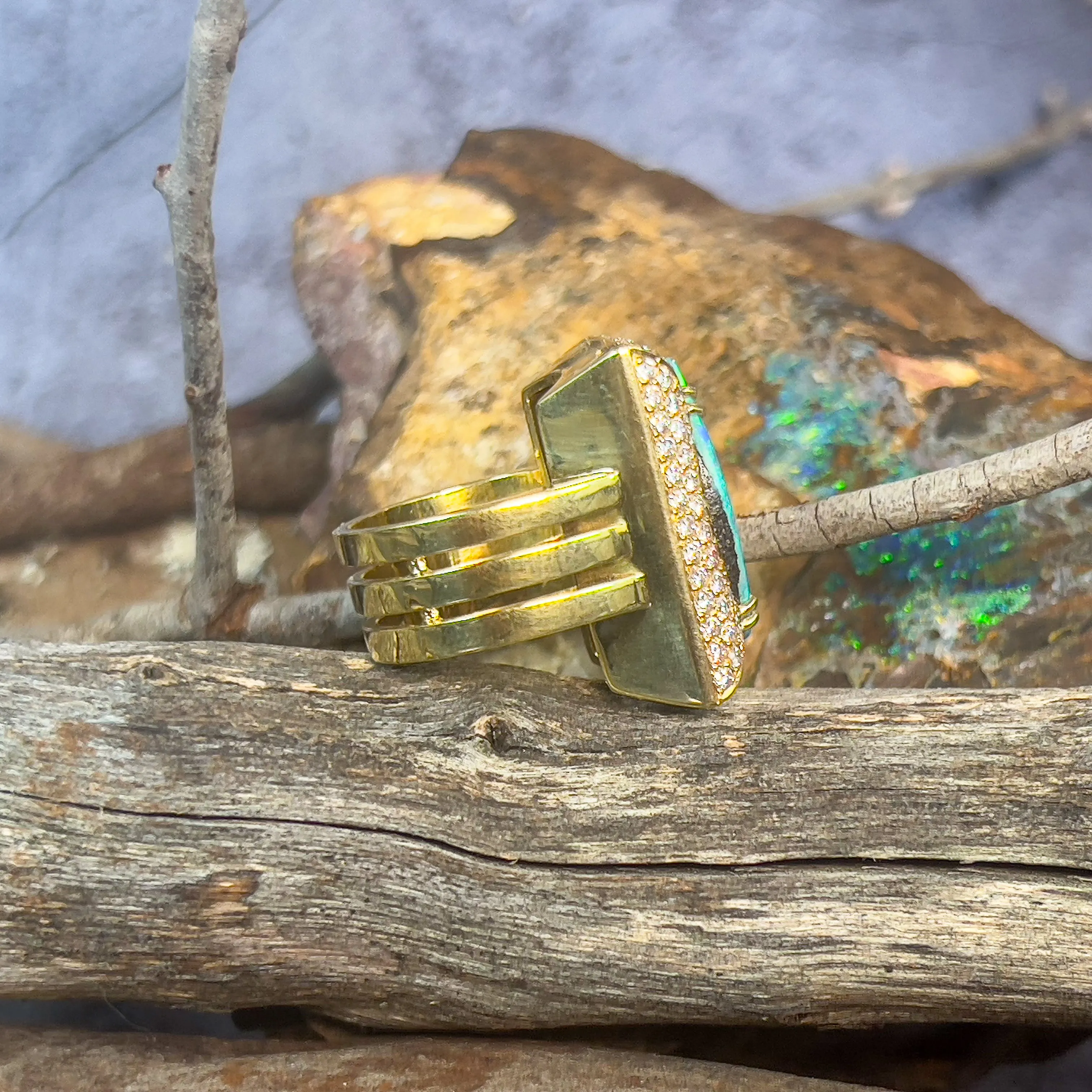 18kt Yellow Gold Boulder Opal 18.13ct and 2.13ct Diamond designer cluster ring