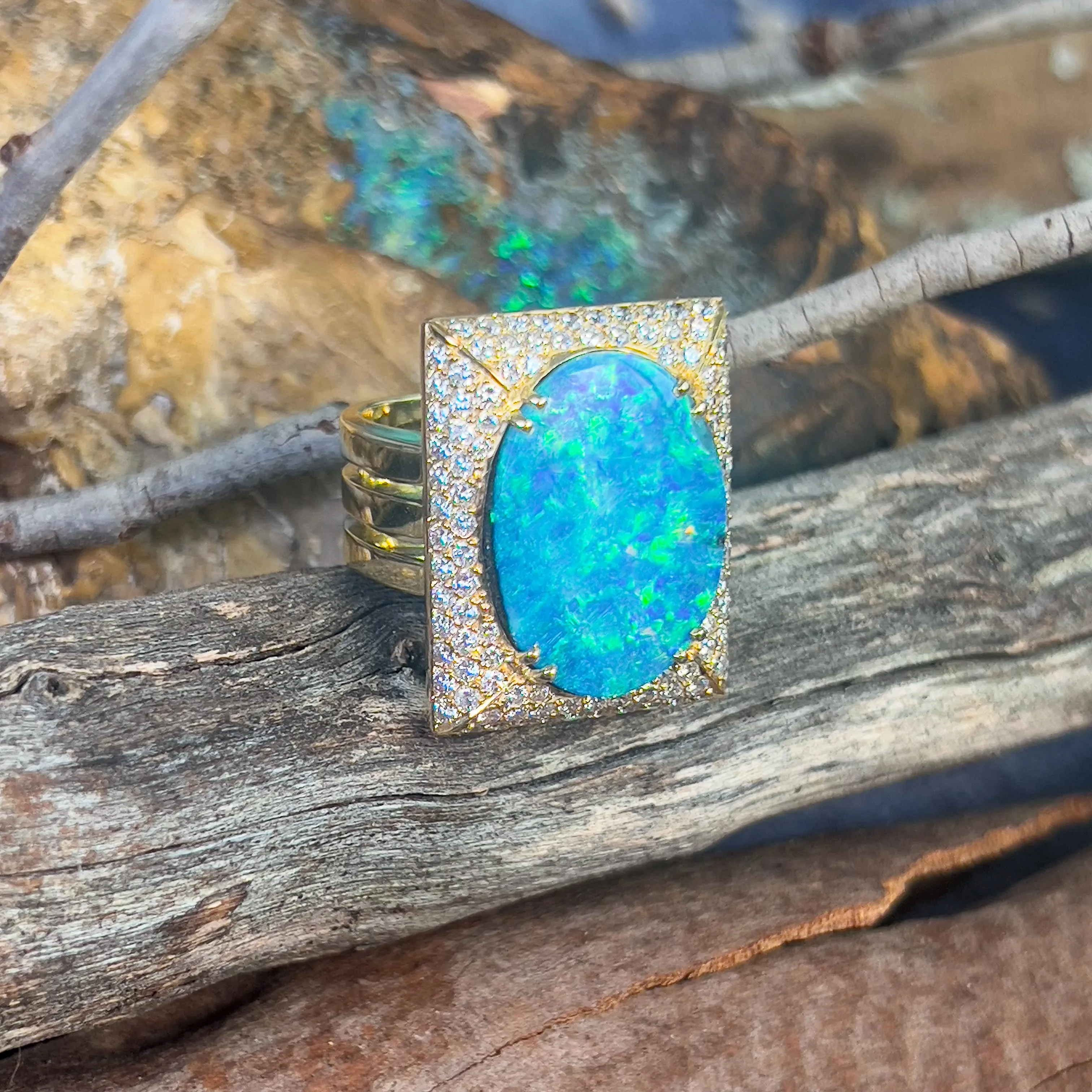 18kt Yellow Gold Boulder Opal 18.13ct and 2.13ct Diamond designer cluster ring