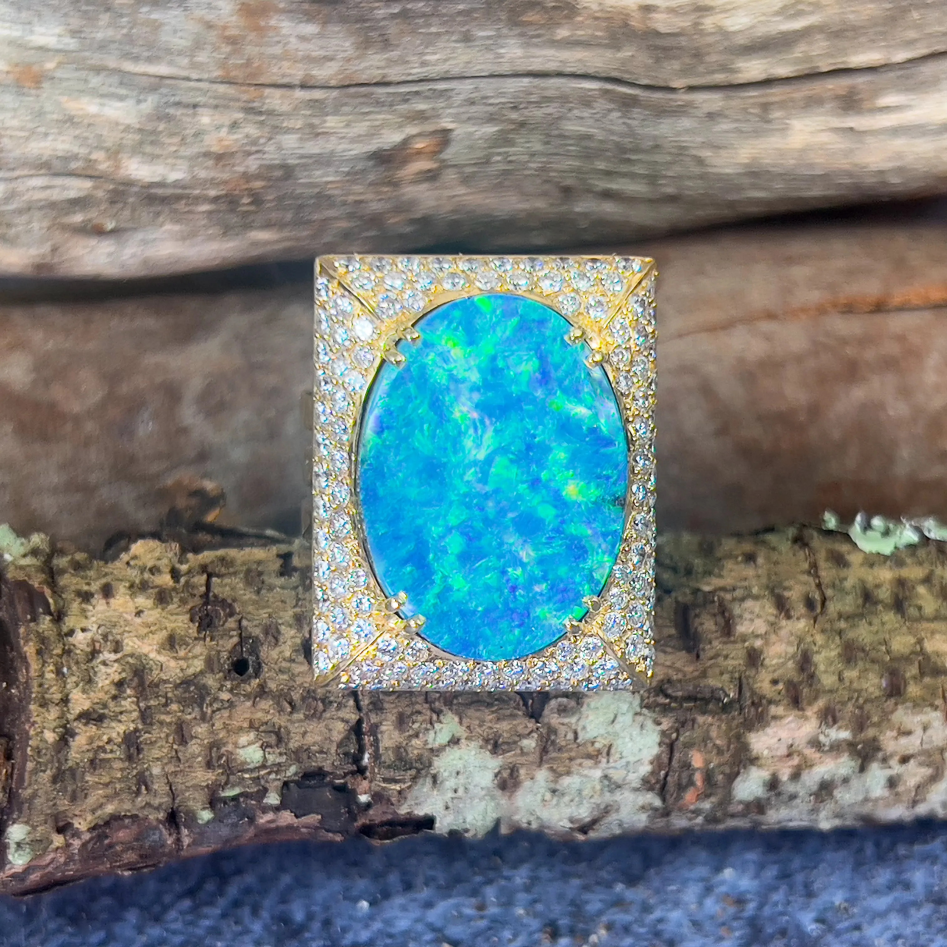 18kt Yellow Gold Boulder Opal 18.13ct and 2.13ct Diamond designer cluster ring