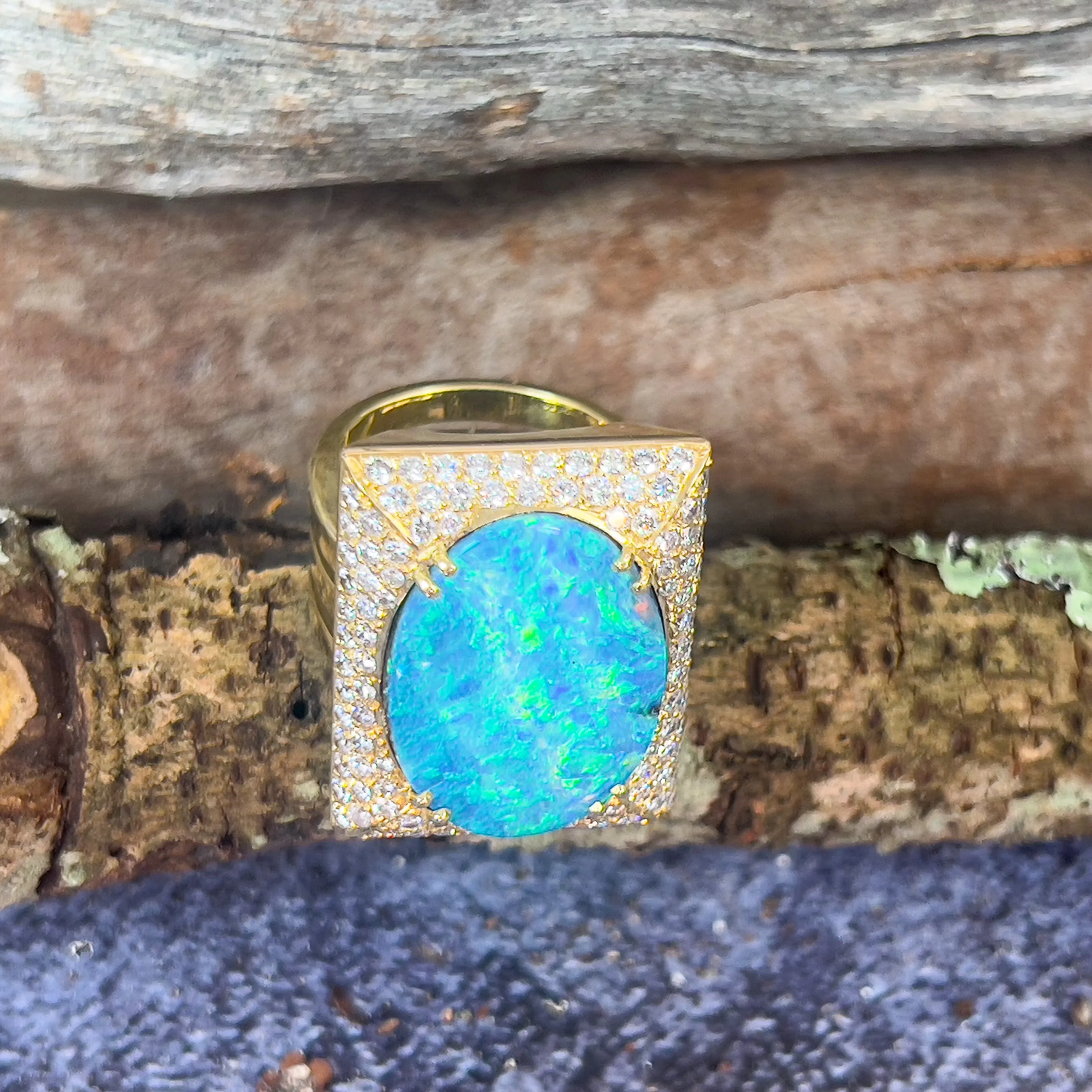 18kt Yellow Gold Boulder Opal 18.13ct and 2.13ct Diamond designer cluster ring