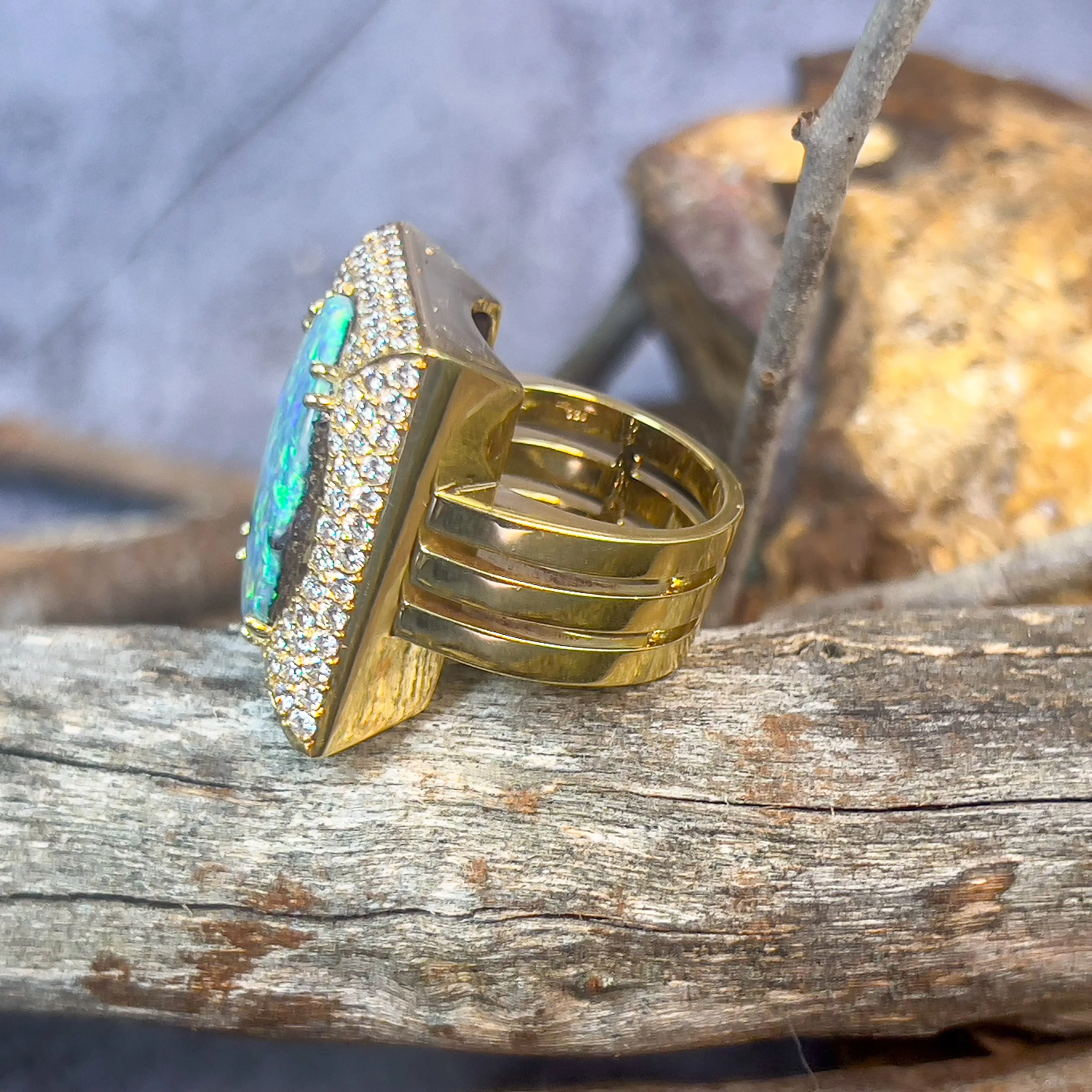 18kt Yellow Gold Boulder Opal 18.13ct and 2.13ct Diamond designer cluster ring