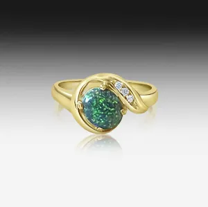18kt Yellow Gold cross over design Black Opal and Diamond ring