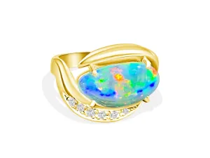 18KT YELLOW GOLD OPAL AND DIAMOND RING