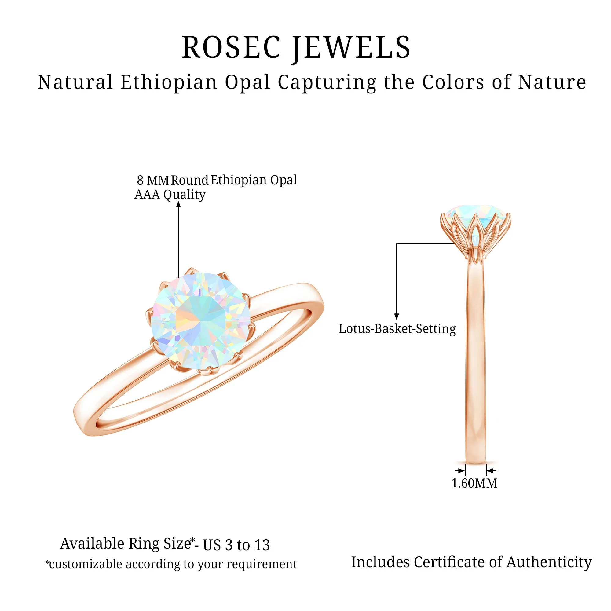 2 CT Ethiopian Opal Solitaire Ring in Lotus Basket Setting