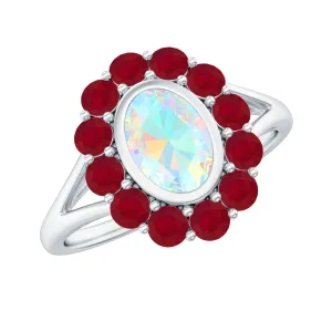 2 CT Oval Cut Ethiopian Opal Cocktail Engagement Ring with Ruby Halo