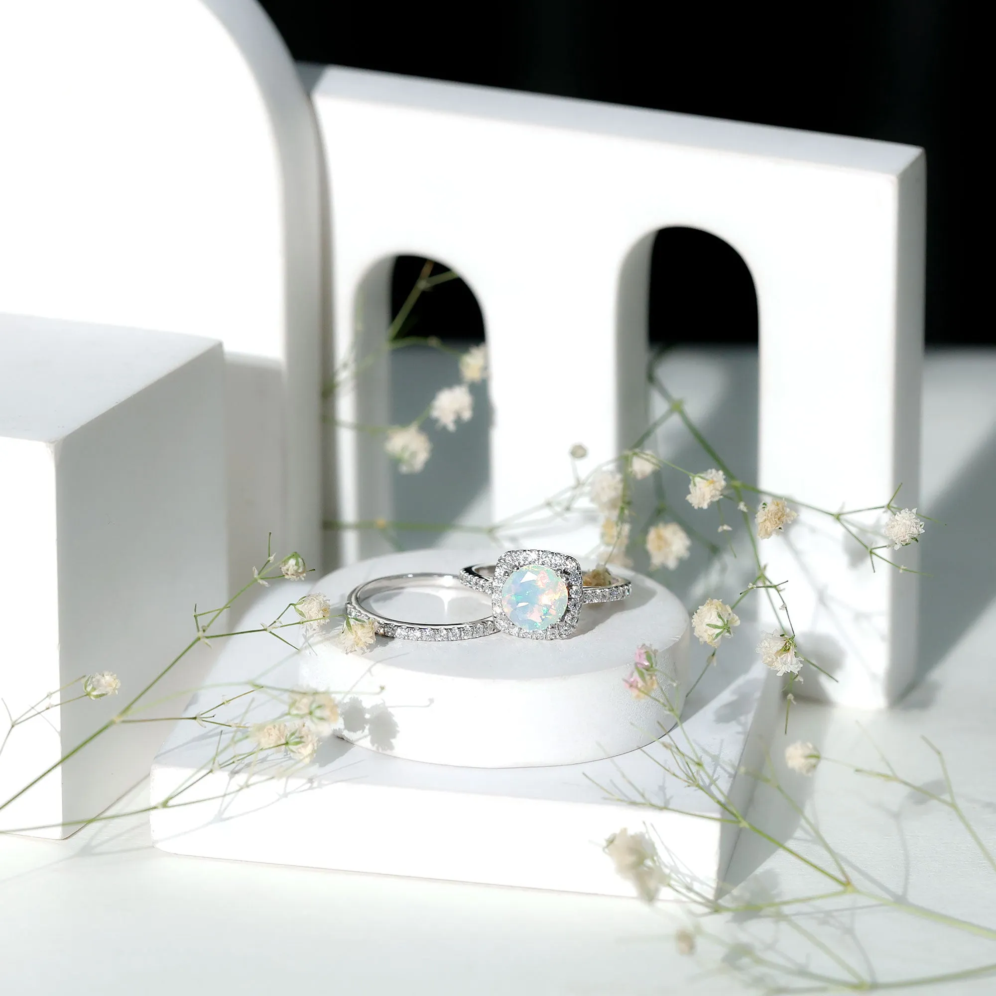 3.25 CT Ethiopian Opal and Moissanite Halo Ring Set in Gold