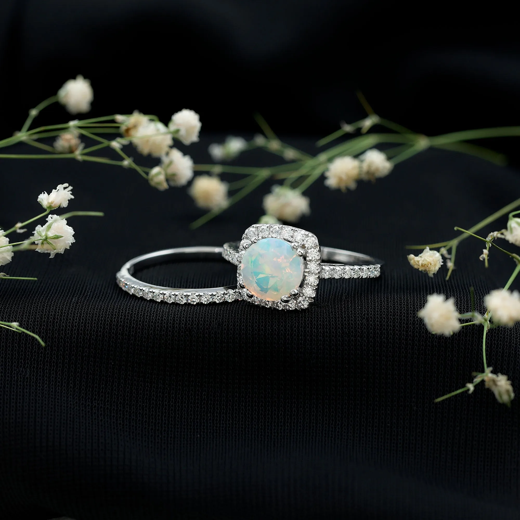 3.25 CT Ethiopian Opal and Moissanite Halo Ring Set in Gold