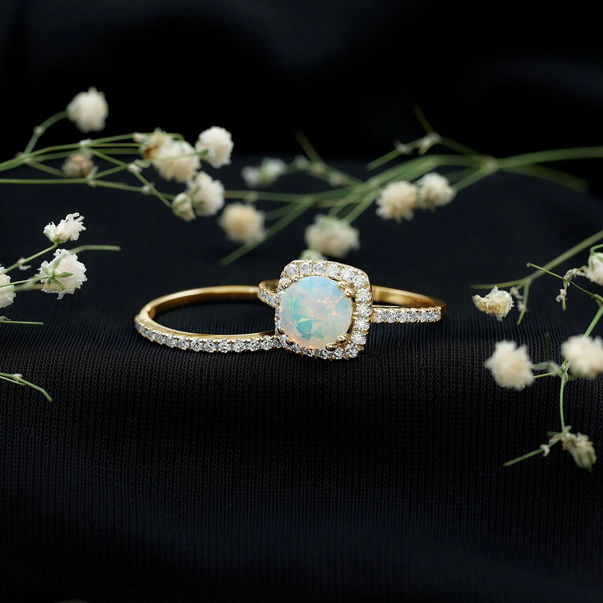 3.25 CT Ethiopian Opal and Moissanite Halo Ring Set in Gold