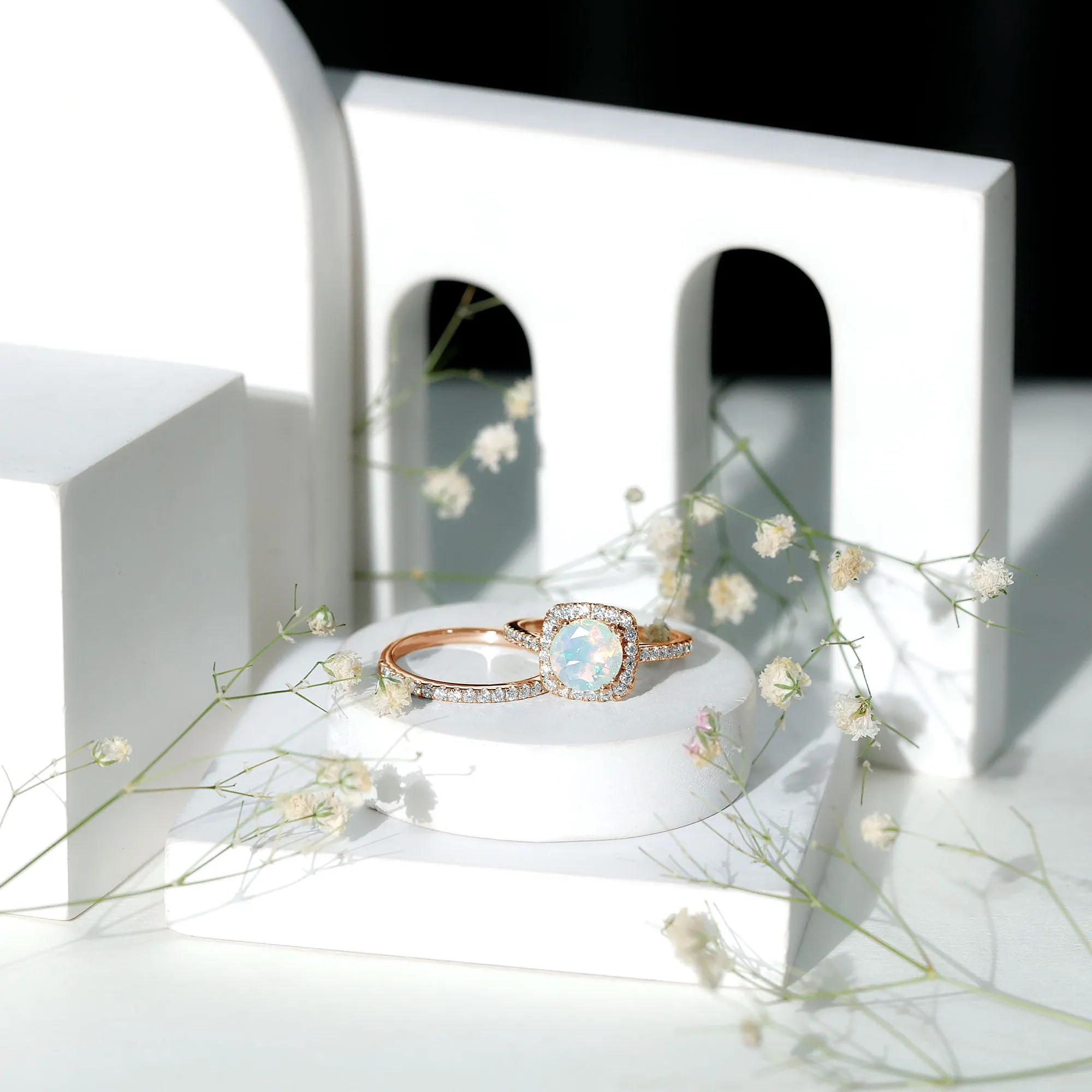 3.25 CT Ethiopian Opal and Moissanite Halo Ring Set in Gold