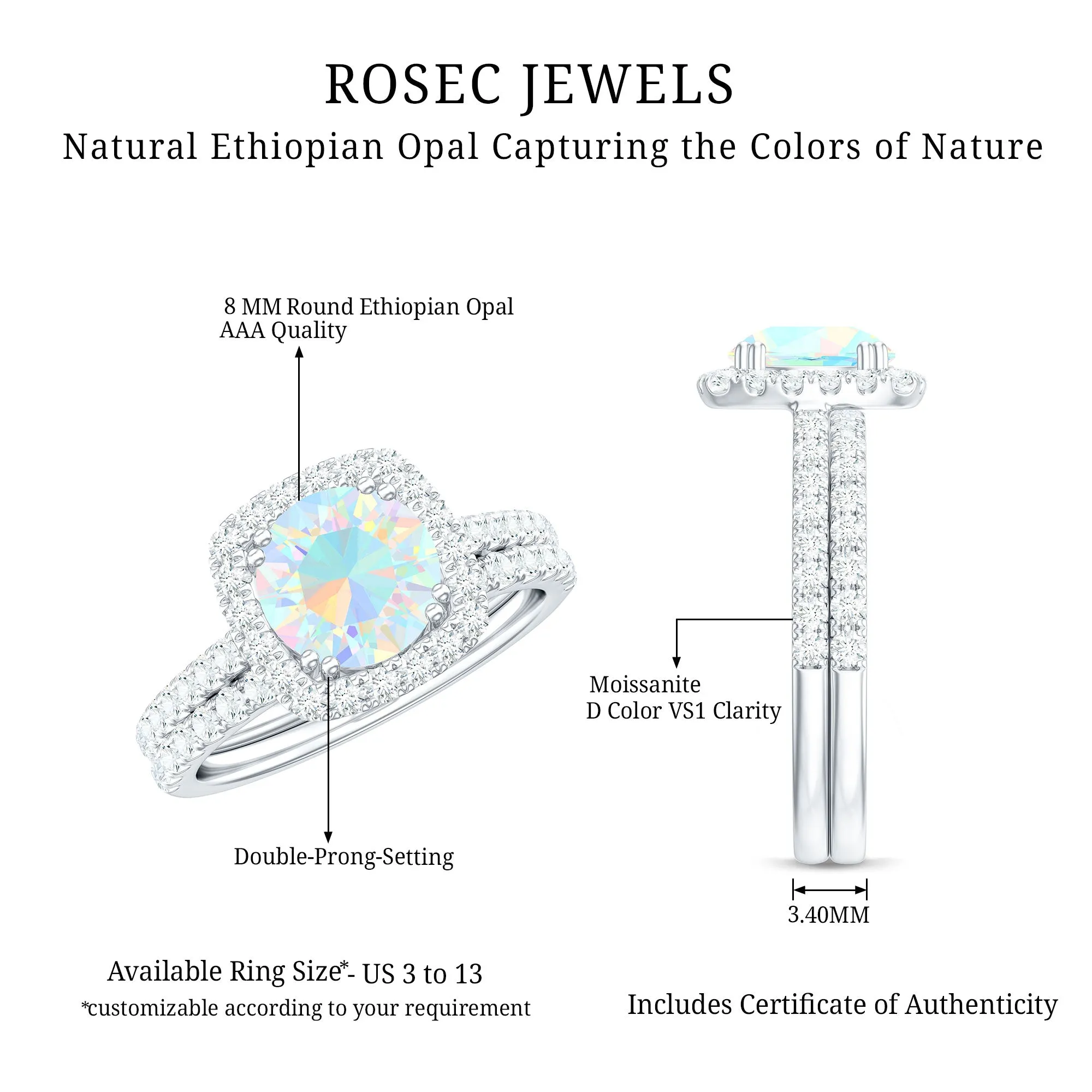 3.25 CT Ethiopian Opal and Moissanite Halo Ring Set in Gold