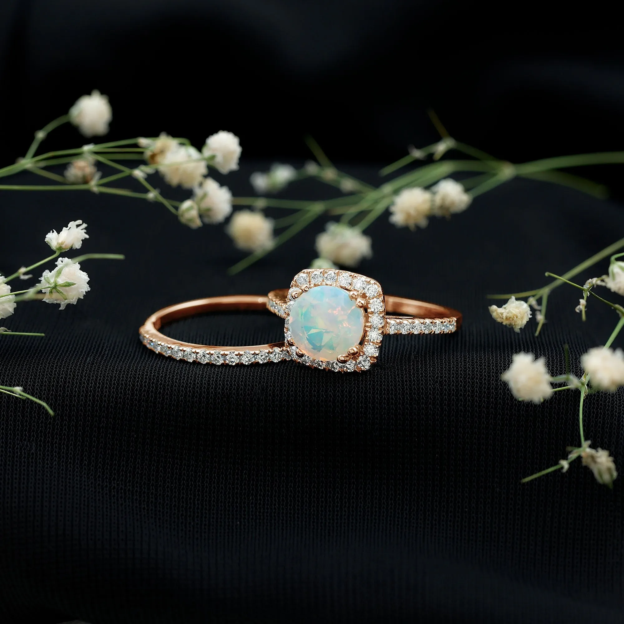 3.25 CT Ethiopian Opal and Moissanite Halo Ring Set in Gold