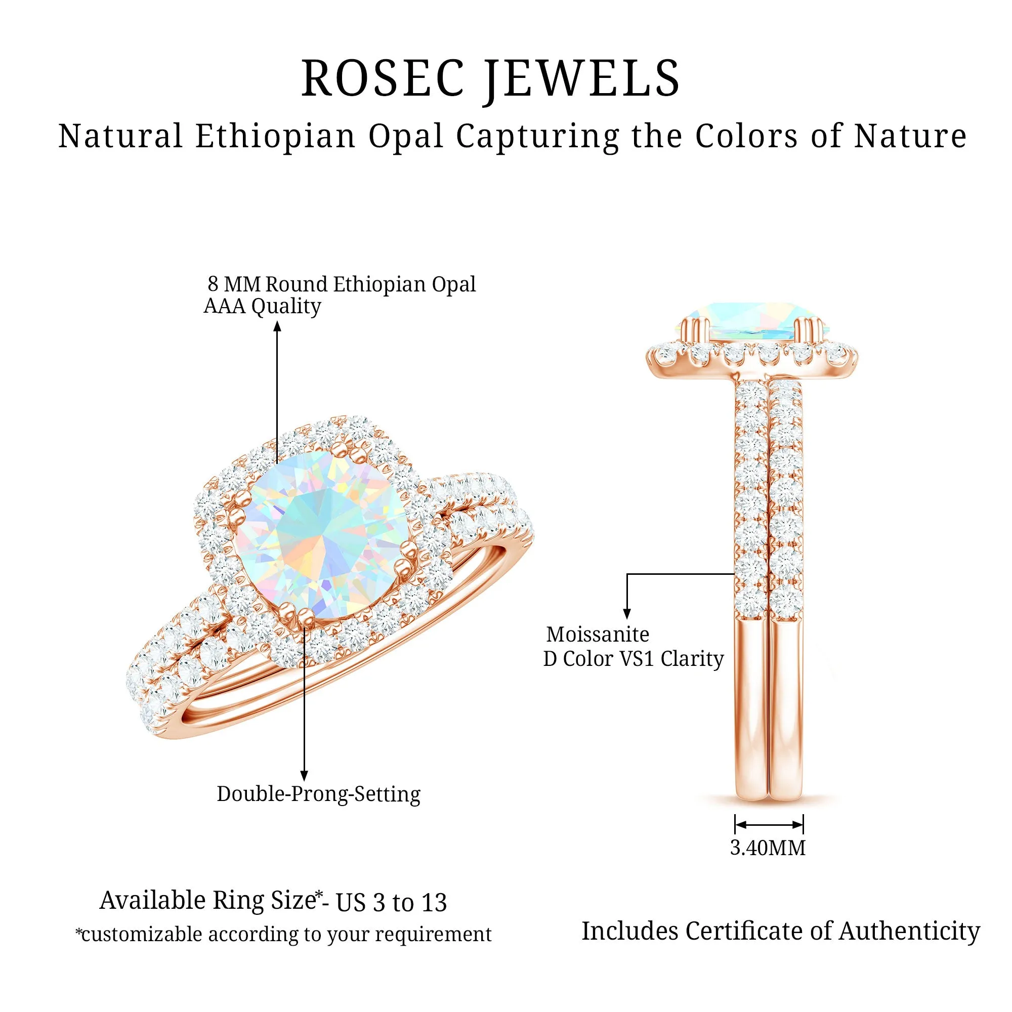 3.25 CT Ethiopian Opal and Moissanite Halo Ring Set in Gold