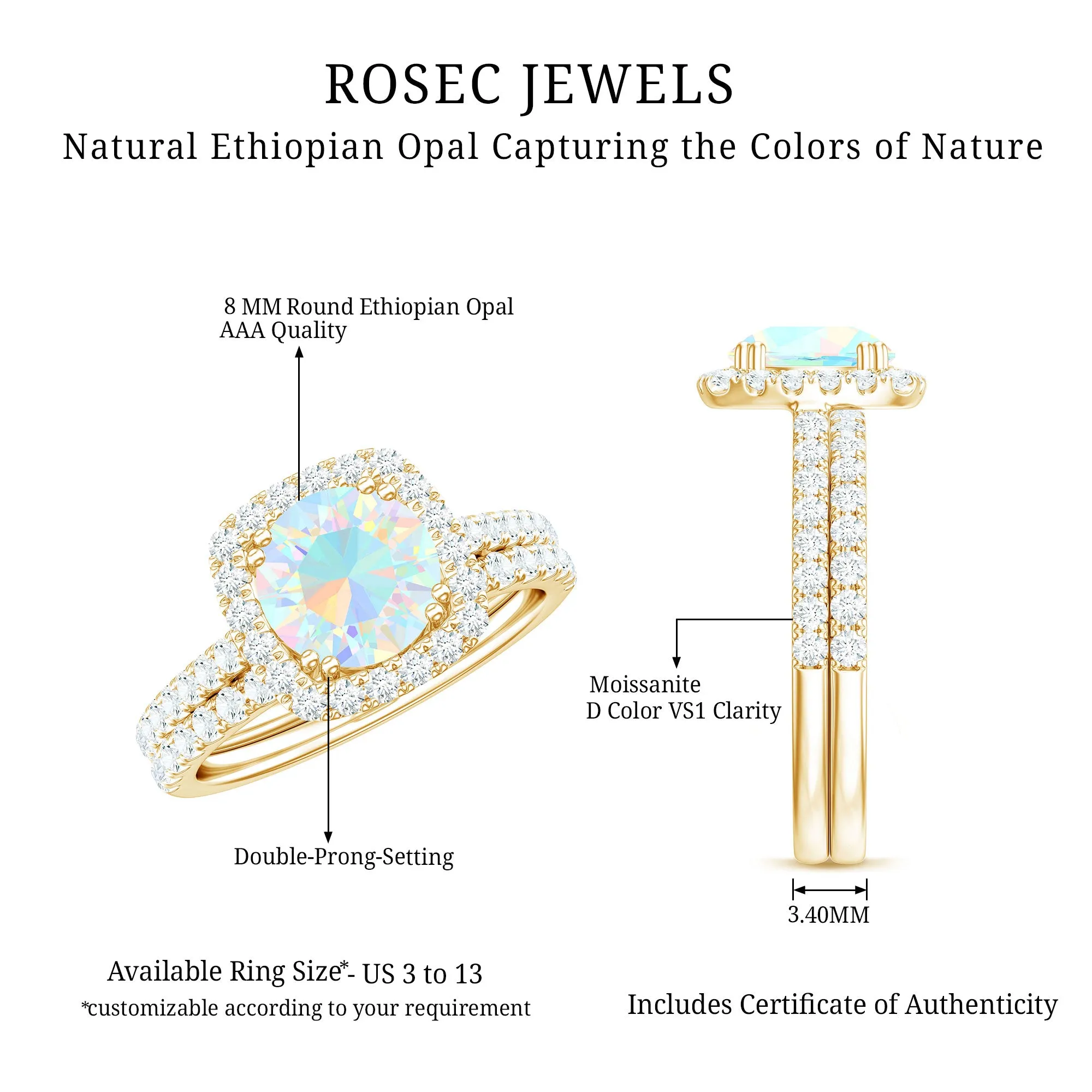 3.25 CT Ethiopian Opal and Moissanite Halo Ring Set in Gold
