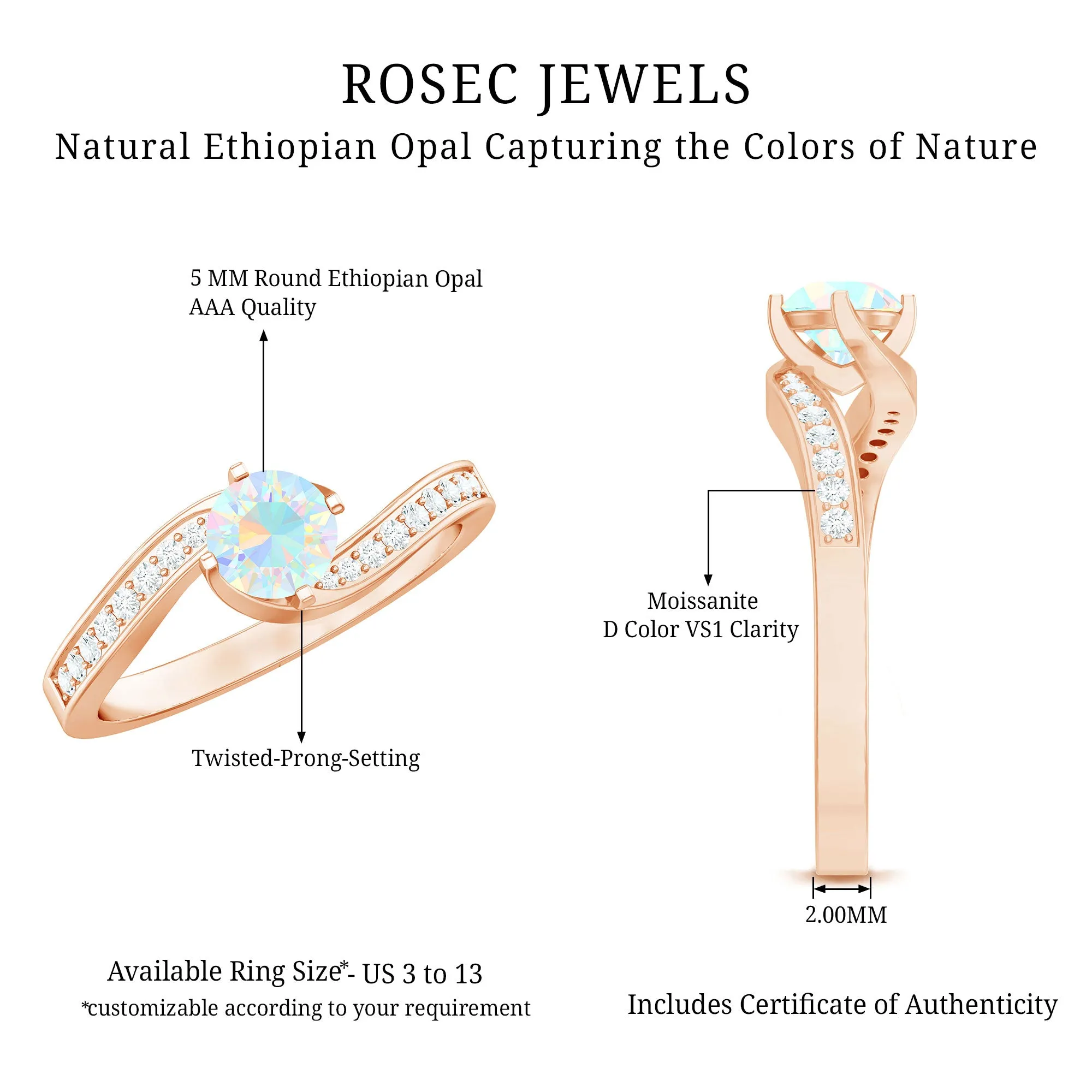 3/4 CT Ethiopian Opal Solitaire Ring with Moissanite and Bypass Shank