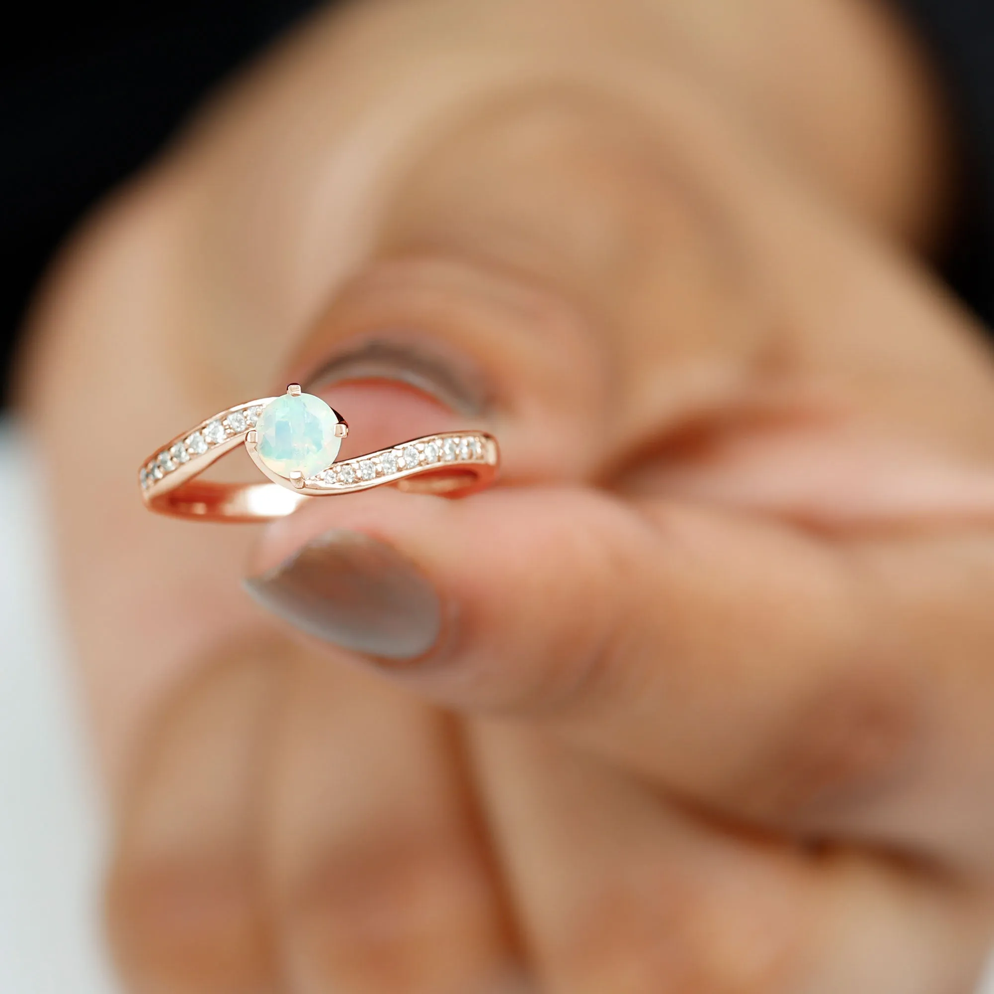 3/4 CT Ethiopian Opal Solitaire Ring with Moissanite and Bypass Shank