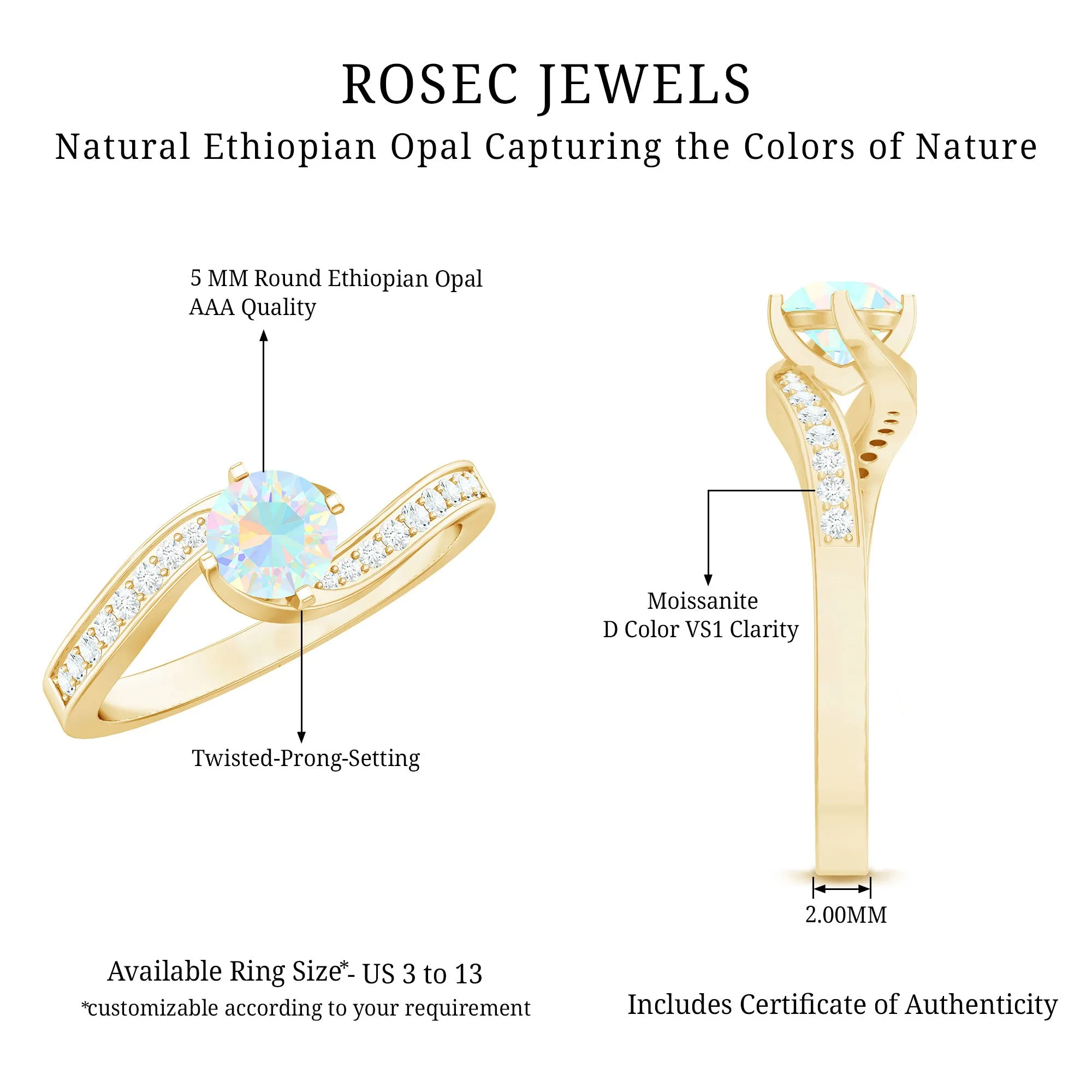 3/4 CT Ethiopian Opal Solitaire Ring with Moissanite and Bypass Shank