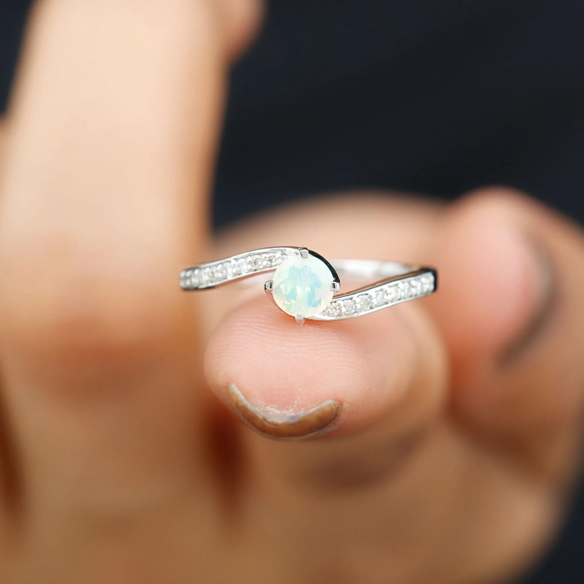 3/4 CT Ethiopian Opal Solitaire Ring with Moissanite and Bypass Shank