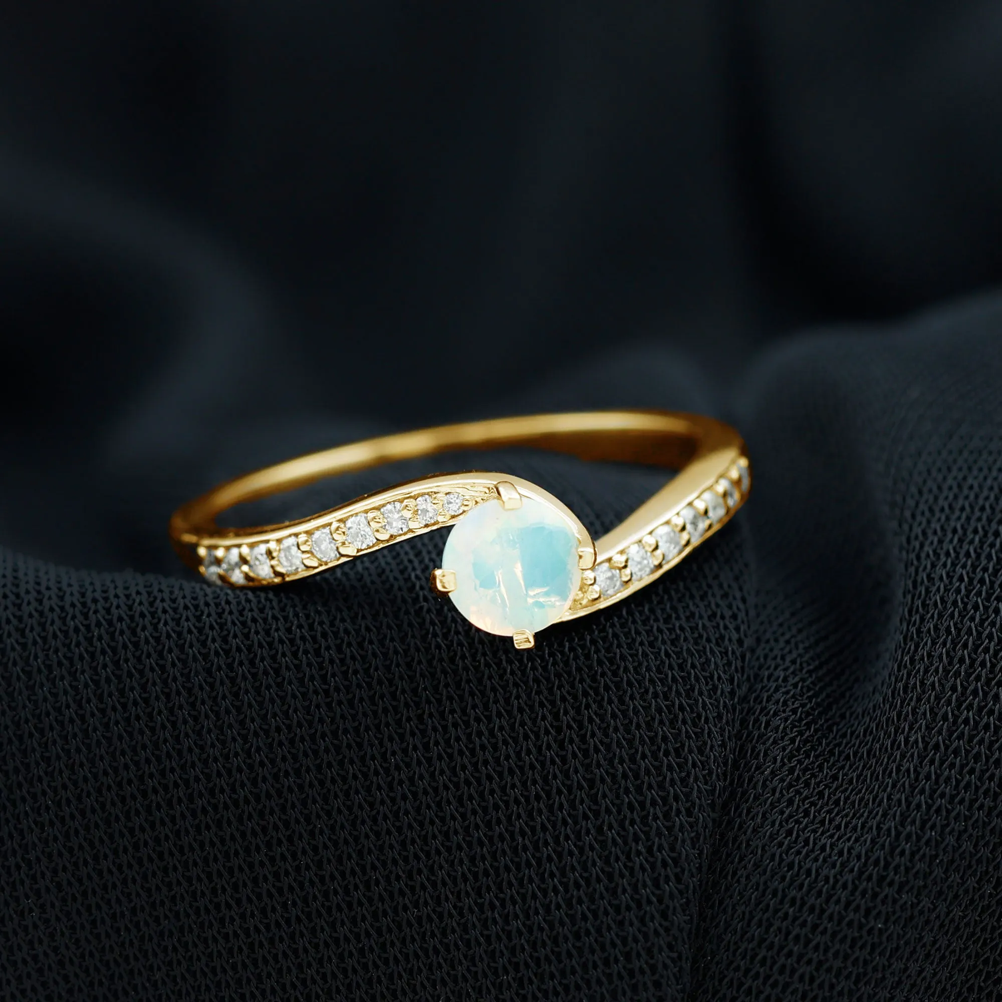 3/4 CT Ethiopian Opal Solitaire Ring with Moissanite and Bypass Shank