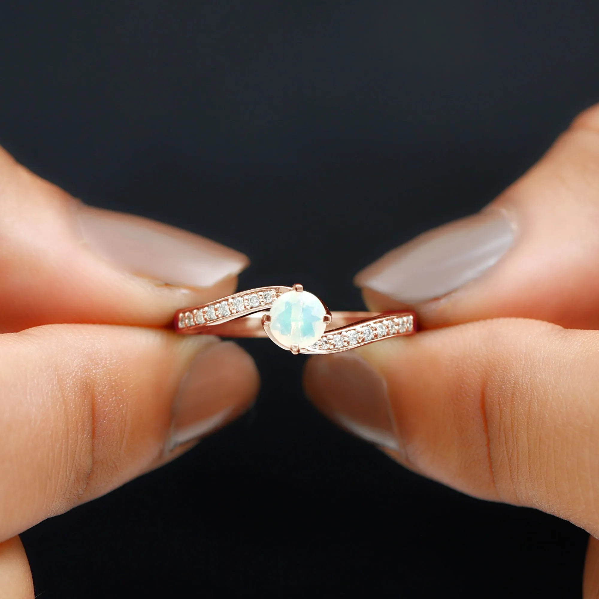 3/4 CT Ethiopian Opal Solitaire Ring with Moissanite and Bypass Shank