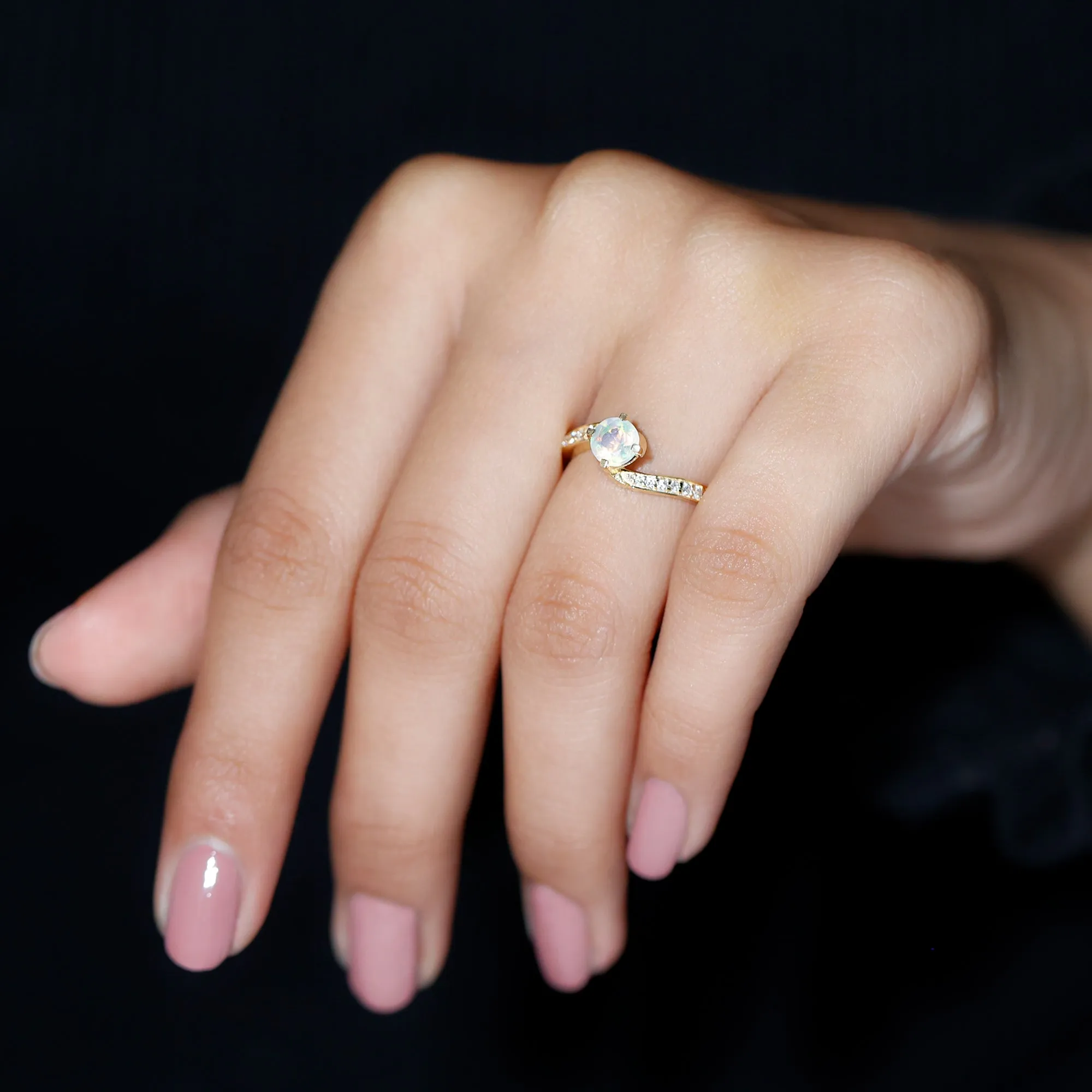 3/4 CT Ethiopian Opal Solitaire Ring with Moissanite and Bypass Shank