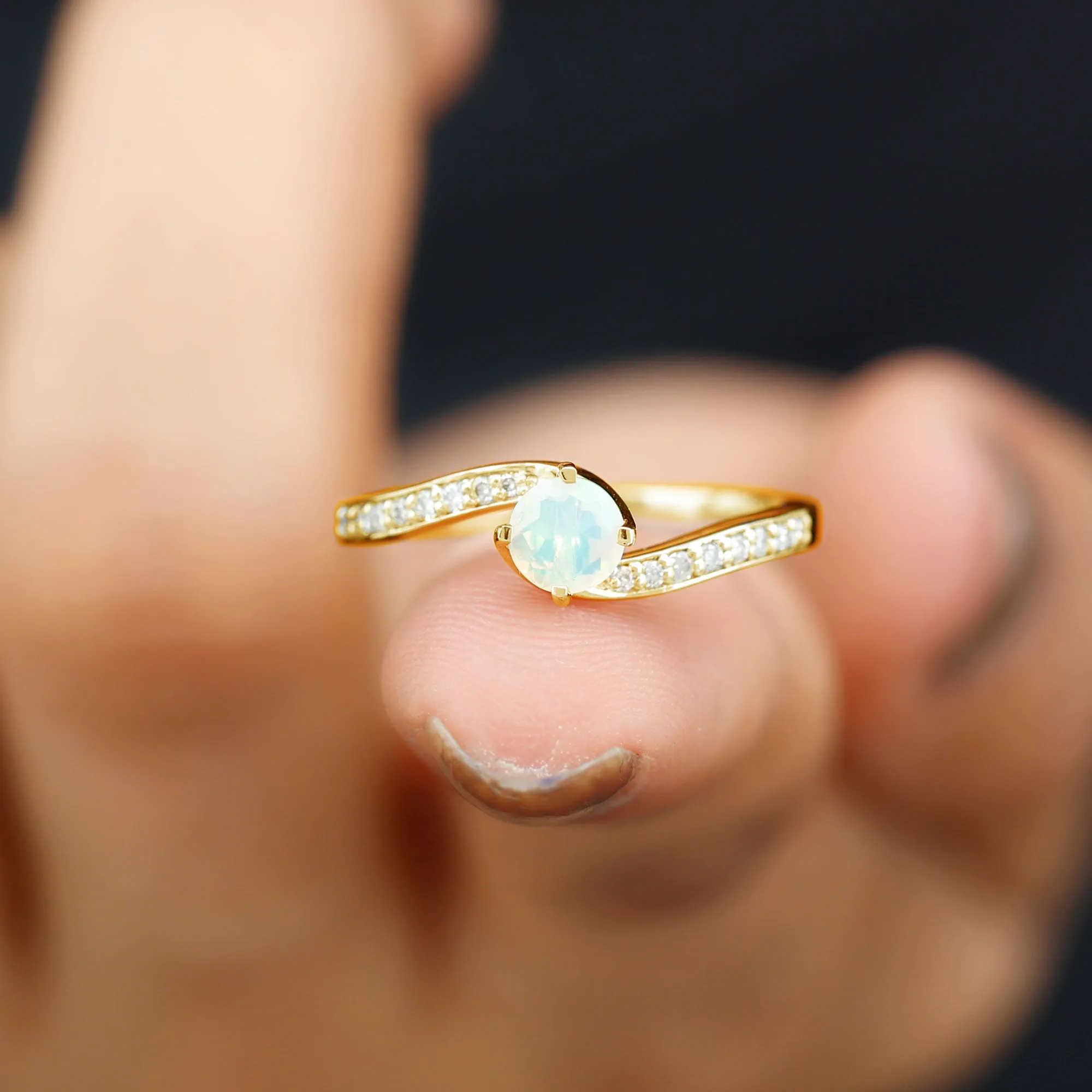 3/4 CT Ethiopian Opal Solitaire Ring with Moissanite and Bypass Shank