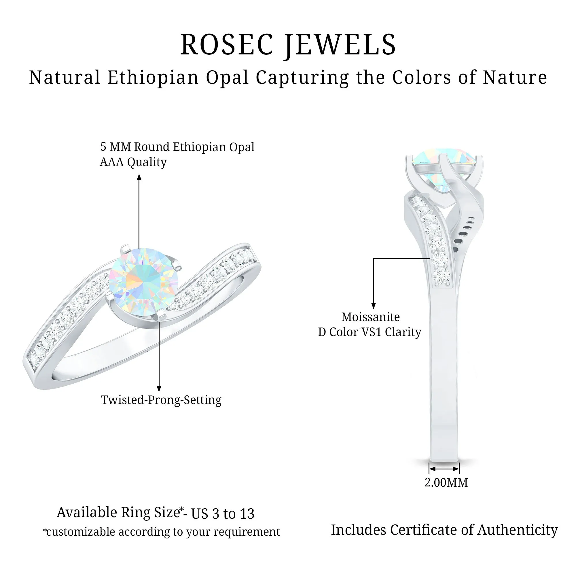 3/4 CT Ethiopian Opal Solitaire Ring with Moissanite and Bypass Shank