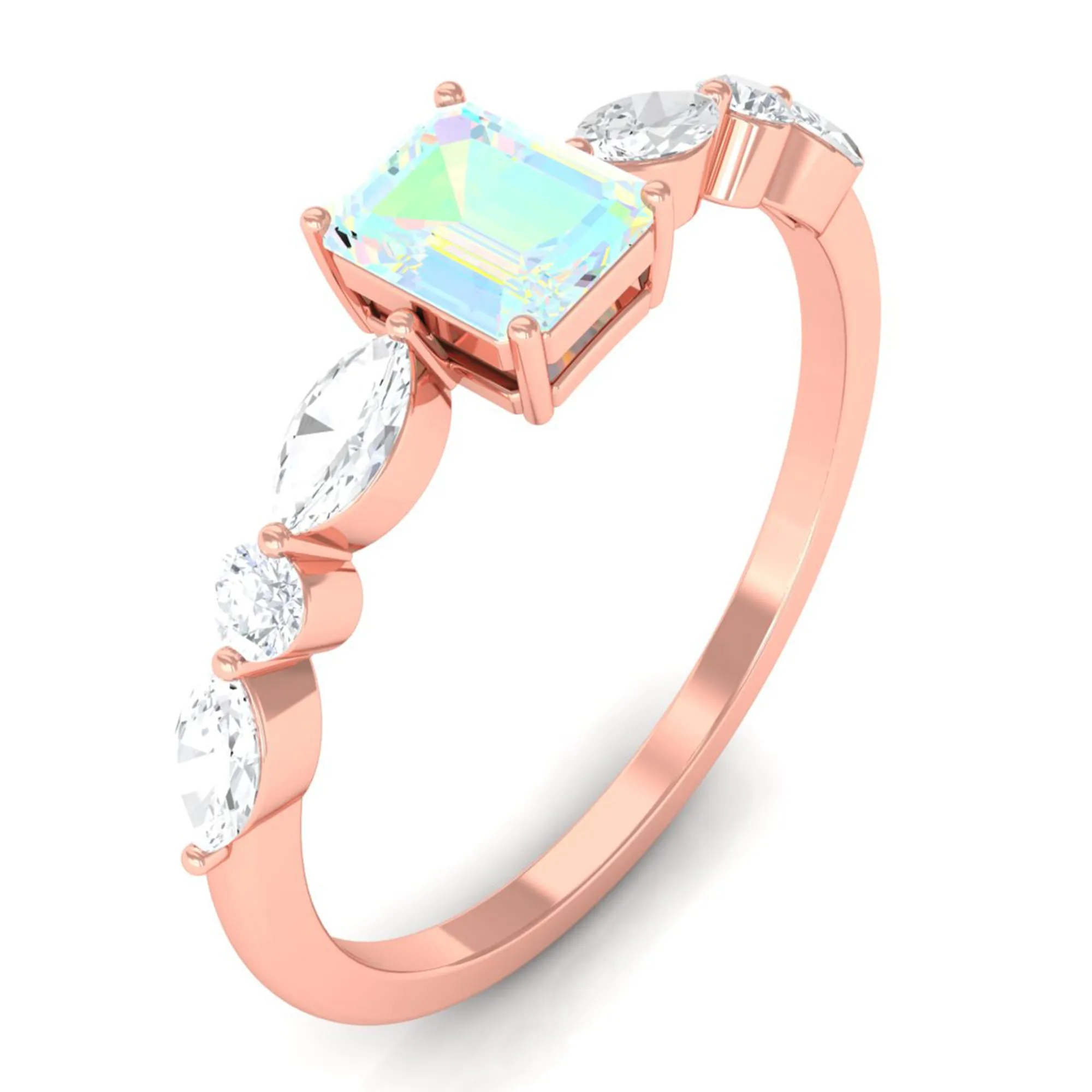 3/4 CT Octagon Ethiopian Opal Solitaire Ring with Diamond Side Stones