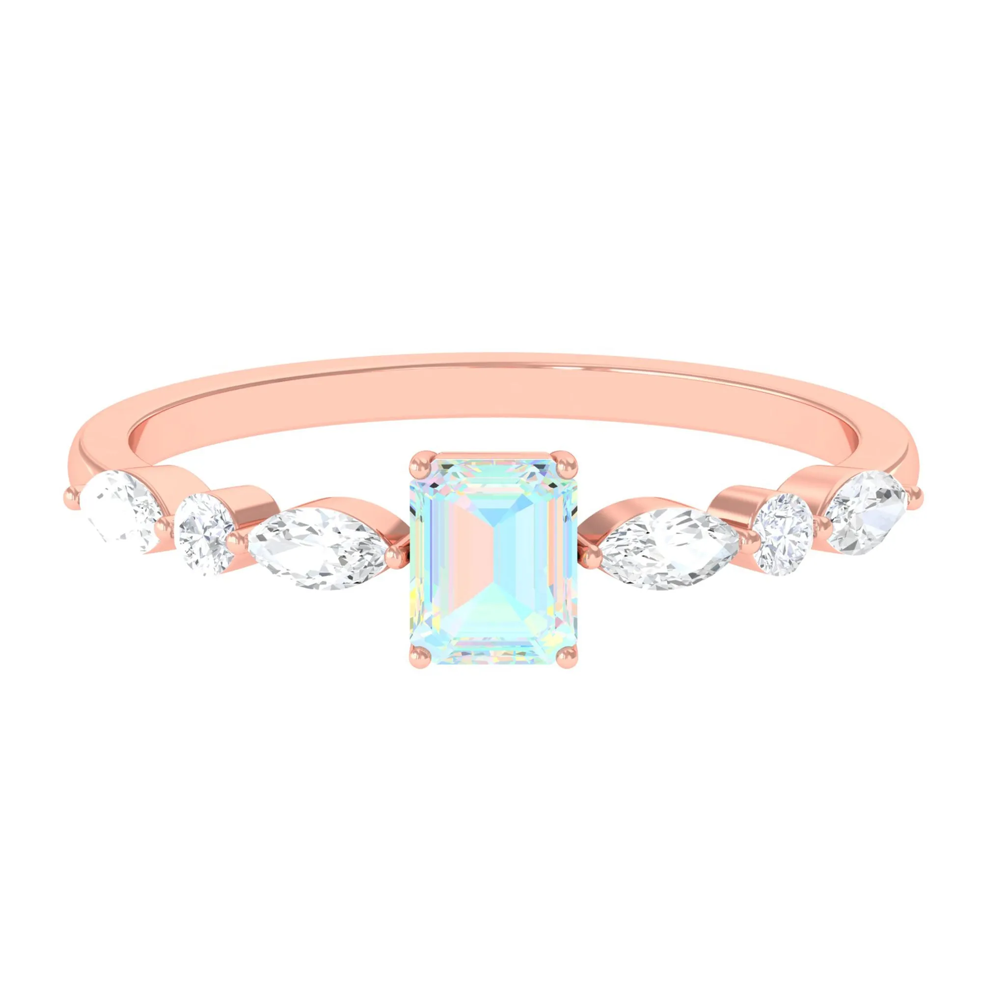 3/4 CT Octagon Ethiopian Opal Solitaire Ring with Diamond Side Stones
