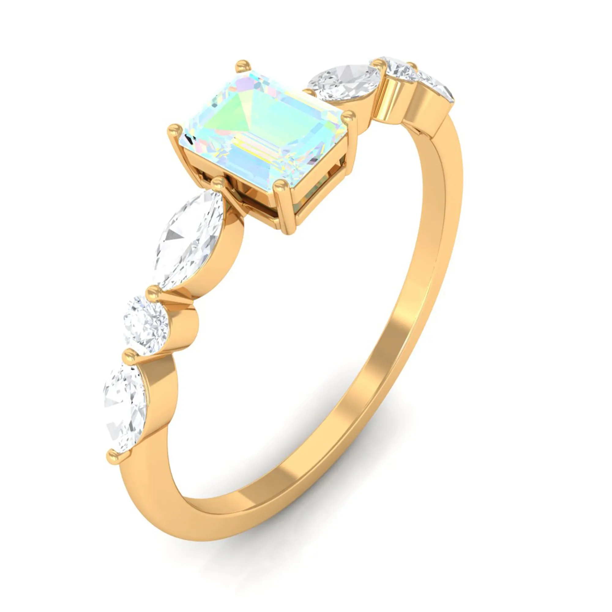 3/4 CT Octagon Ethiopian Opal Solitaire Ring with Diamond Side Stones