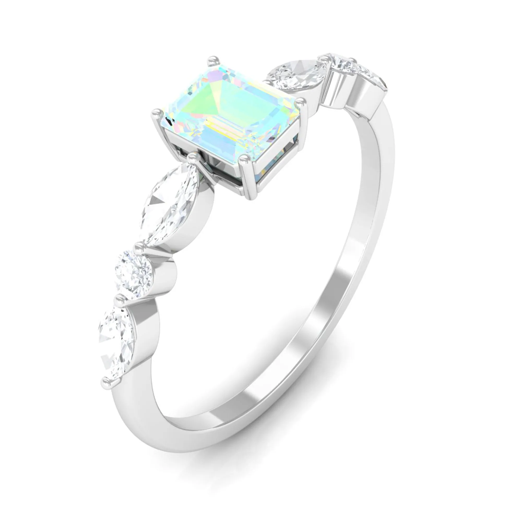 3/4 CT Octagon Ethiopian Opal Solitaire Ring with Diamond Side Stones