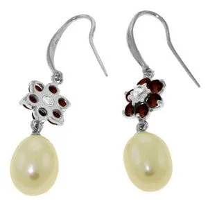 9.01 Carat 14K Solid White Gold Fish Hook Earrings Diamond, Garnet Pearl