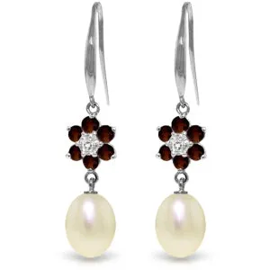 9.01 Carat 14K Solid White Gold Fish Hook Earrings Diamond, Garnet Pearl