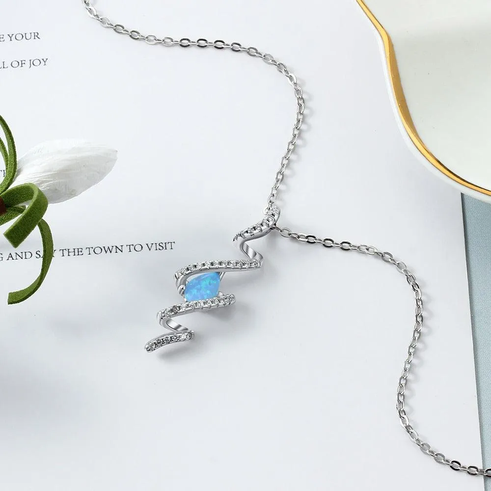 925 Sterling Silver Geometric Necklace with Ribbon Shape Twist Blue Opal Pendant