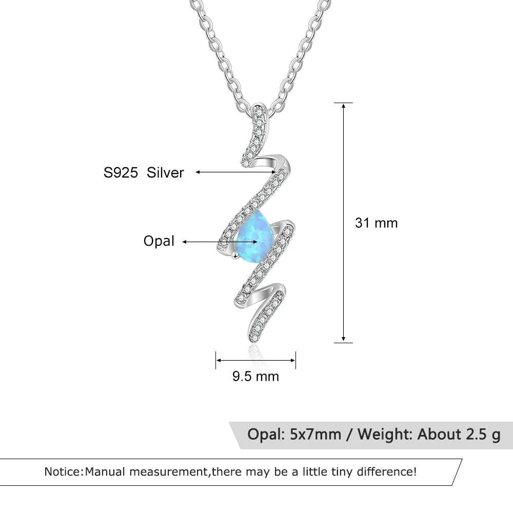 925 Sterling Silver Geometric Necklace with Ribbon Shape Twist Blue Opal Pendant