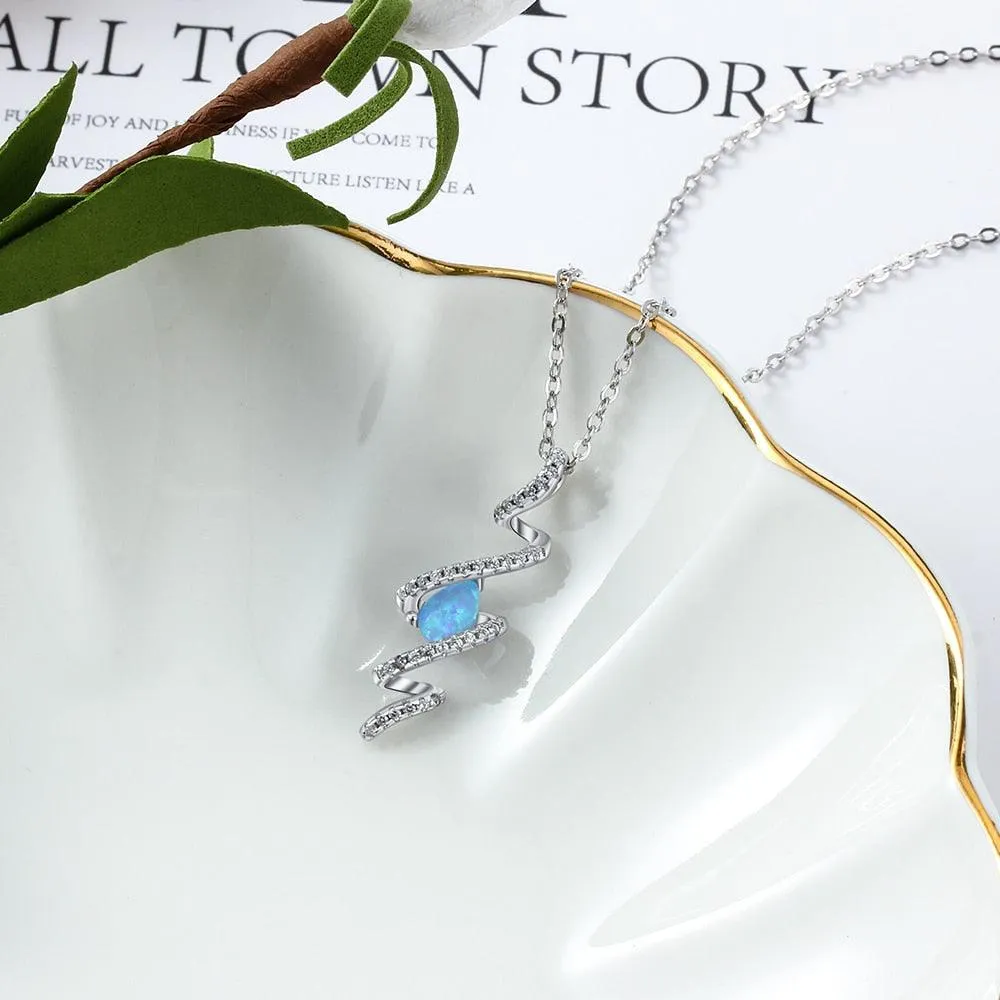 925 Sterling Silver Geometric Necklace with Ribbon Shape Twist Blue Opal Pendant