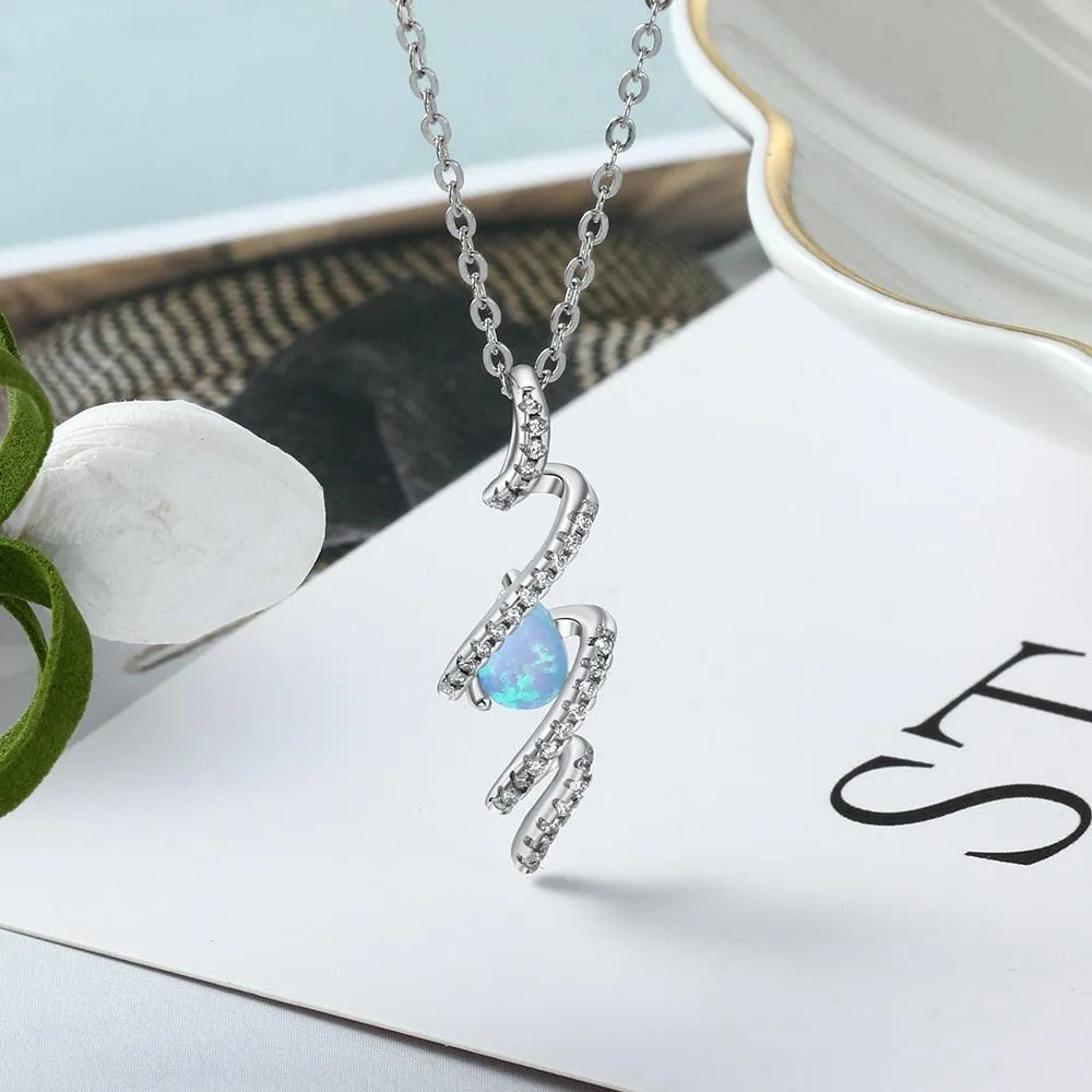 925 Sterling Silver Geometric Necklace with Ribbon Shape Twist Blue Opal Pendant