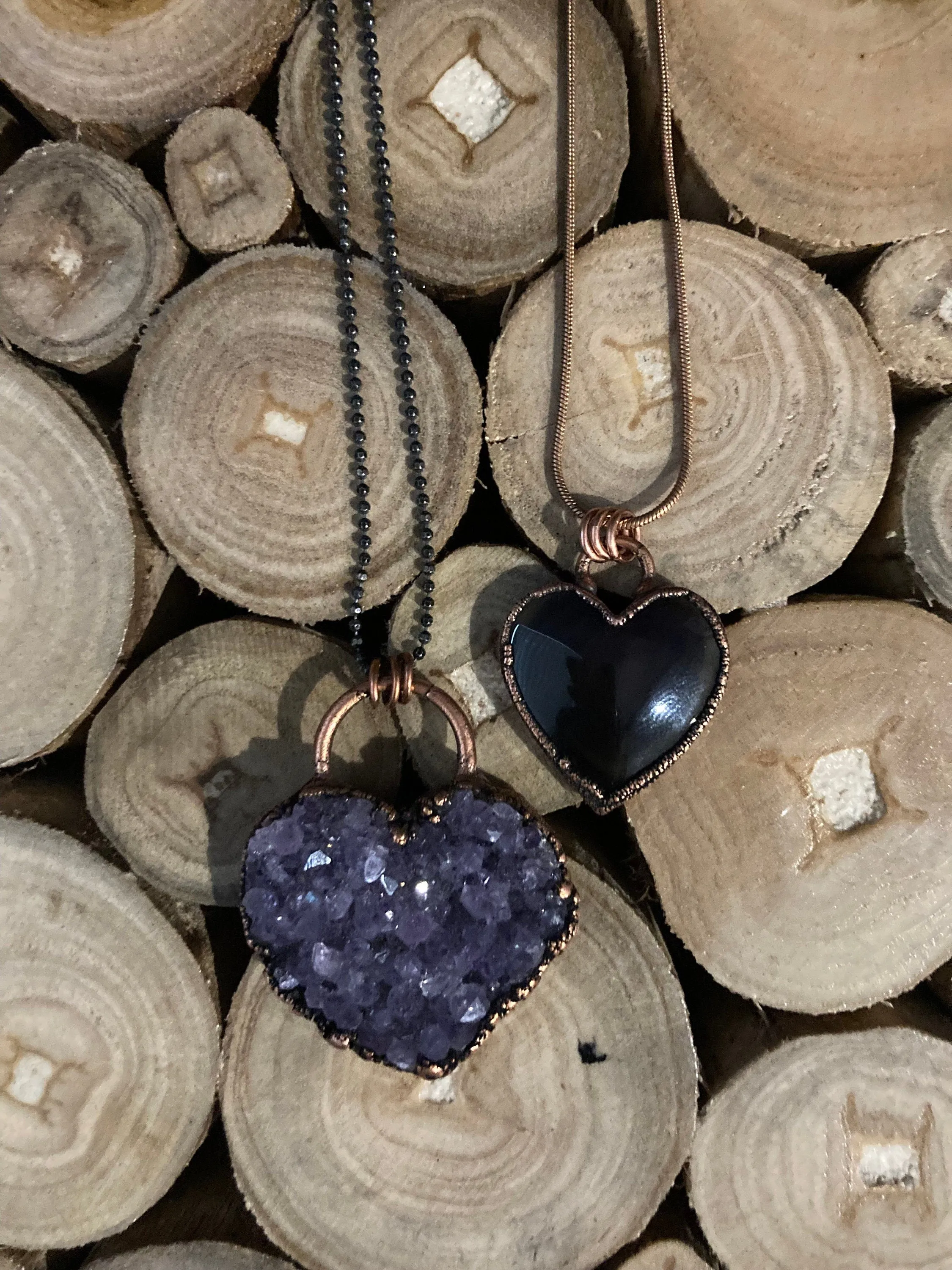 Amethyst Druzy Heart or Rainbow Obsidian Heart Necklace