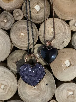 Amethyst Druzy Heart or Rainbow Obsidian Heart Necklace