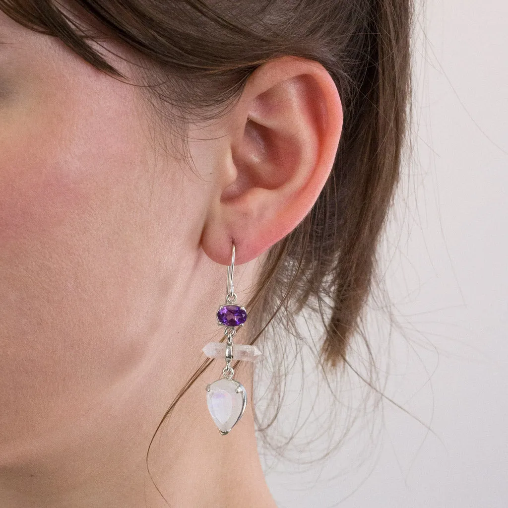 Amethyst, Laser Quartz, & Rainbow Moonstone Drop Earrings