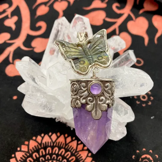 Amethyst Silver Pendant, Butterfly Carved Amethyst/ Labradorite Pendants, Pointed Crystal Necklace, Vintage Sterling Silver Crystal Pendant
