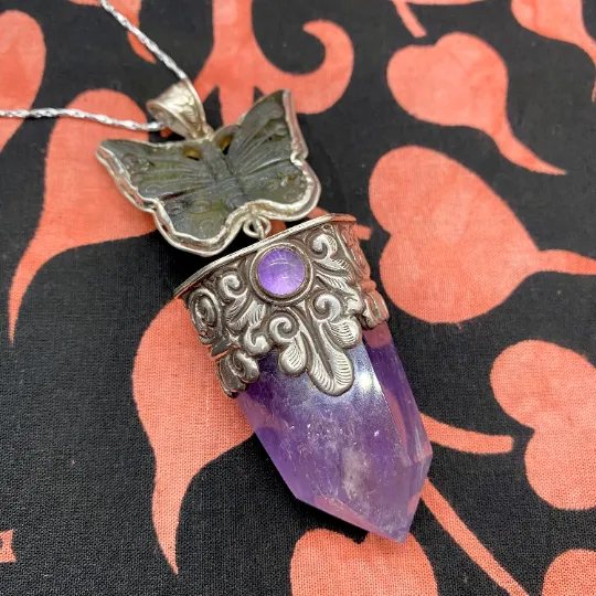 Amethyst Silver Pendant, Butterfly Carved Amethyst/ Labradorite Pendants, Pointed Crystal Necklace, Vintage Sterling Silver Crystal Pendant
