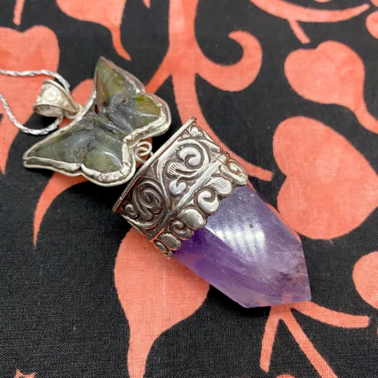 Amethyst Silver Pendant, Butterfly Carved Amethyst/ Labradorite Pendants, Pointed Crystal Necklace, Vintage Sterling Silver Crystal Pendant