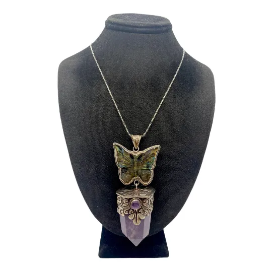 Amethyst Silver Pendant, Butterfly Carved Amethyst/ Labradorite Pendants, Pointed Crystal Necklace, Vintage Sterling Silver Crystal Pendant
