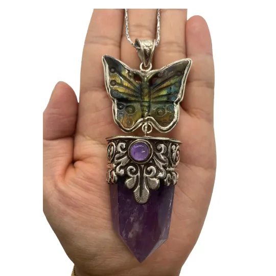 Amethyst Silver Pendant, Butterfly Carved Amethyst/ Labradorite Pendants, Pointed Crystal Necklace, Vintage Sterling Silver Crystal Pendant