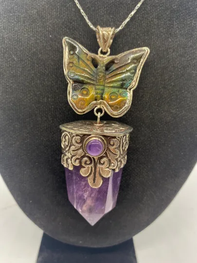 Amethyst Silver Pendant, Butterfly Carved Amethyst/ Labradorite Pendants, Pointed Crystal Necklace, Vintage Sterling Silver Crystal Pendant