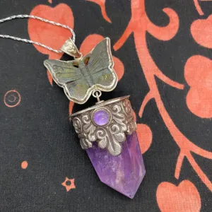 Amethyst Silver Pendant, Butterfly Carved Amethyst/ Labradorite Pendants, Pointed Crystal Necklace, Vintage Sterling Silver Crystal Pendant