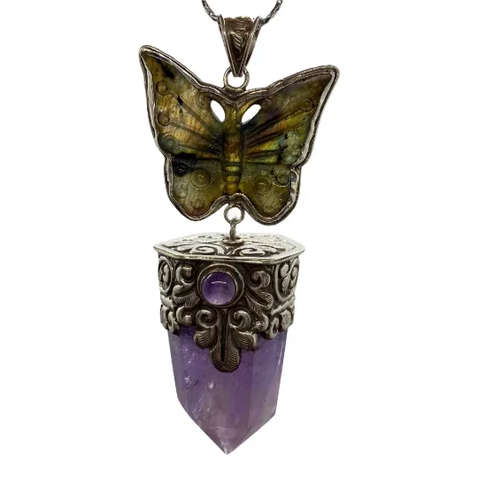 Amethyst Silver Pendant, Butterfly Carved Amethyst/ Labradorite Pendants, Pointed Crystal Necklace, Vintage Sterling Silver Crystal Pendant