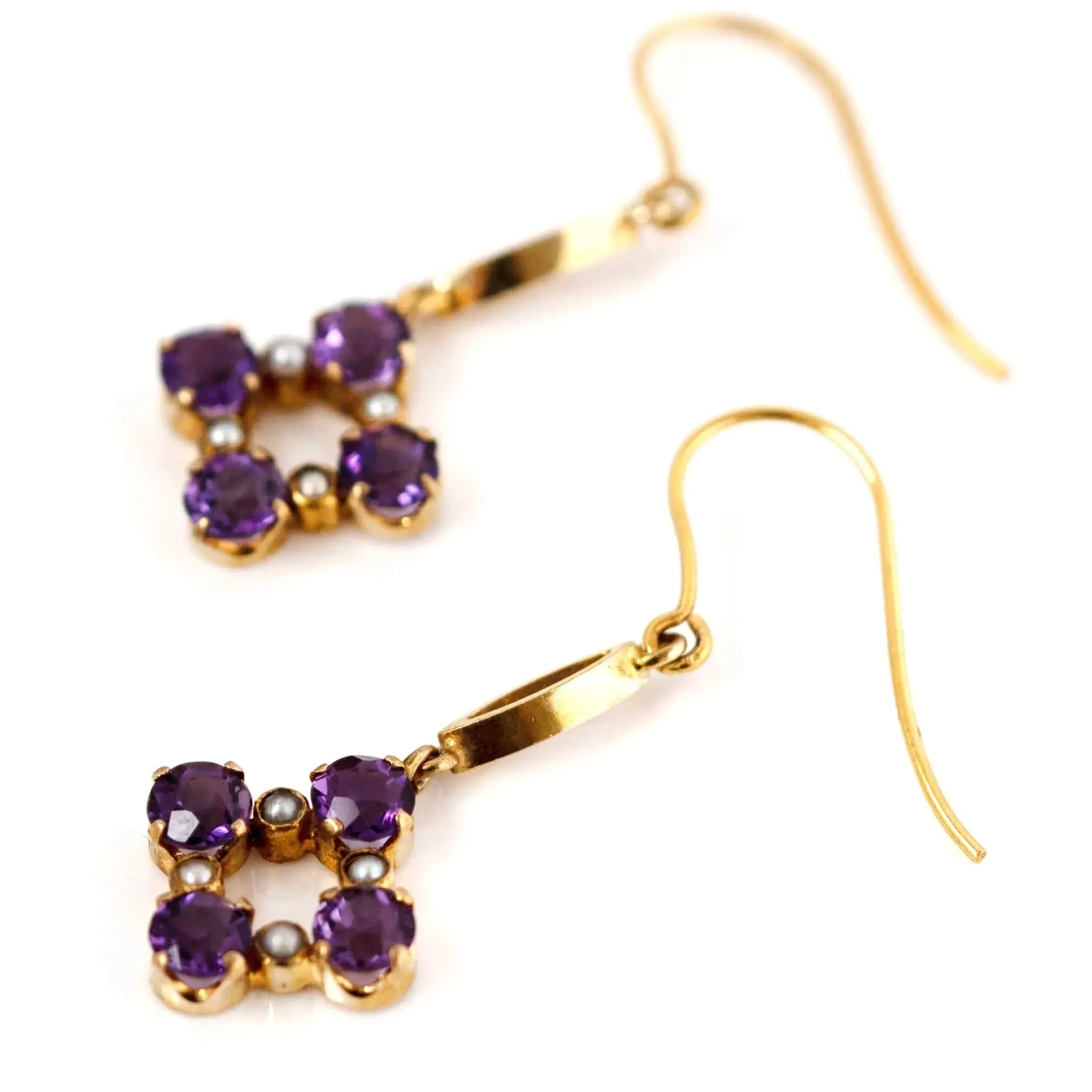 Antique Edwardian Amethyst Seed Pearl  9ct Gold Drop Earrings